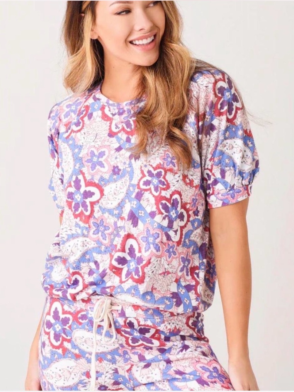 Sundry Floral Print Short-Sleeve Top in Pink and Lavender